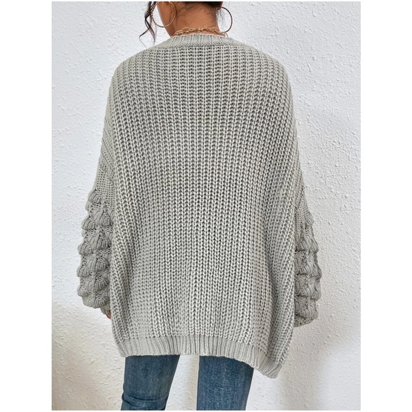 #18 Cozy Grey Open Front Pom Pom Sleeve Cardigan - Picture 5 of 5